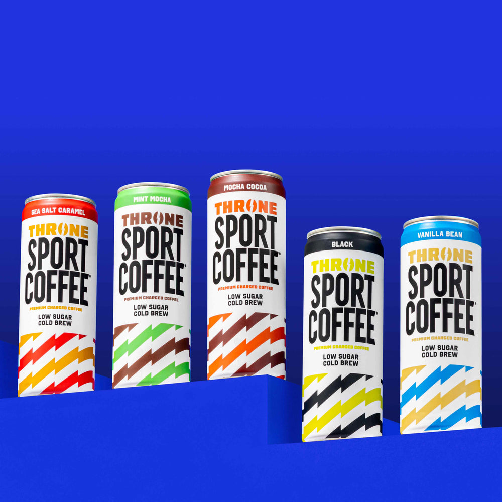 Throne Sport Coffee Cold Brews. Low Calorie, Dairy Free, 150MG Natural Caffeine. Mocha Cocoa, Sea Salt Caramel, Vanilla Bean, Mint Mocha, Black. 