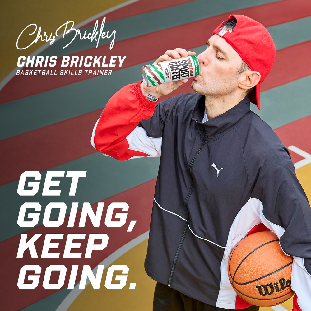 A man in sportswear holds a basketball and drinks from a can of Mint Mocha on an outdoor court. Text reads: GET GOING, KEEP GOING. and Chris Brickley, Basketball Skills Trainer.