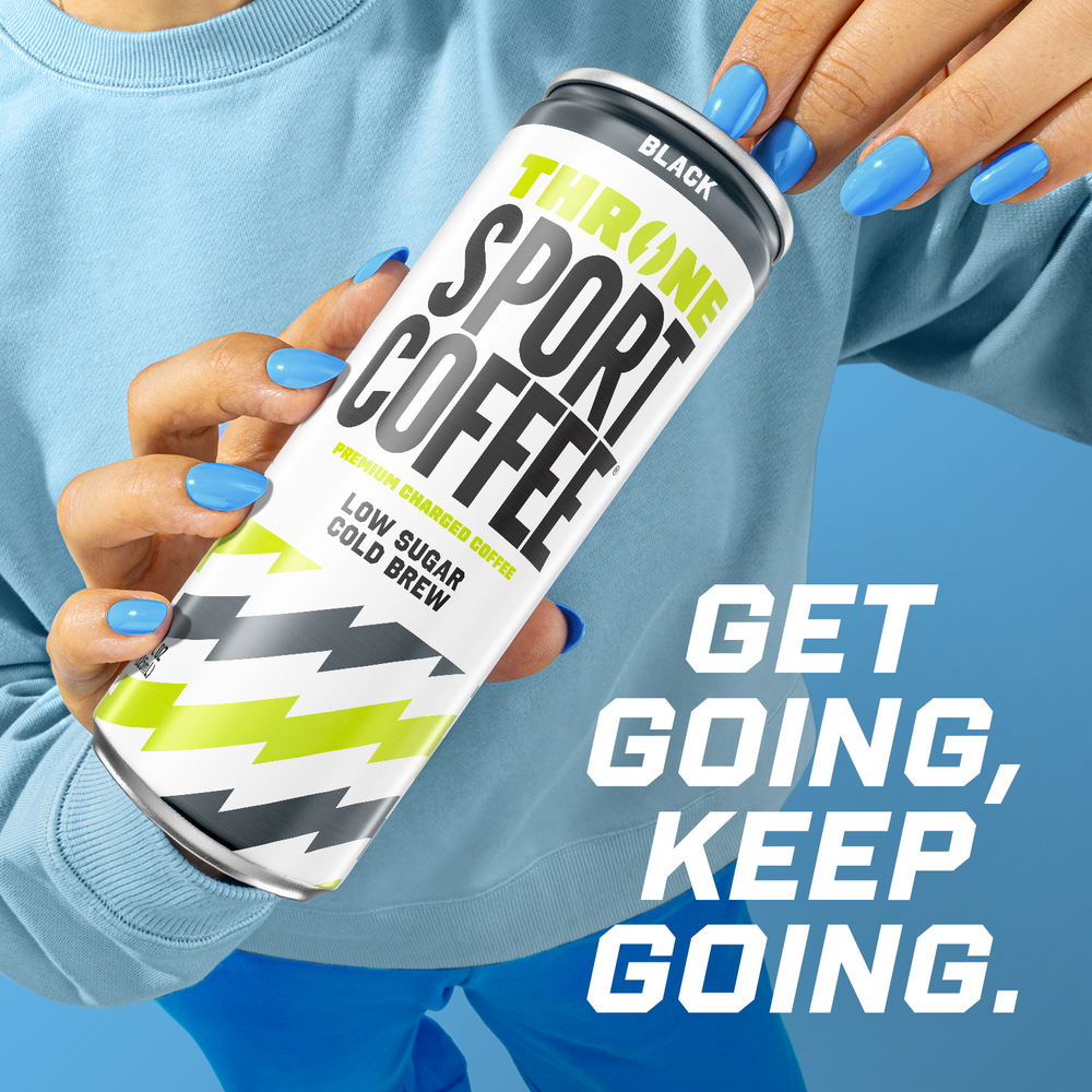 A person with blue nails holds a can of Throne Sport Coffee Black. The background is blue, and bold white text reads, GET GOING, KEEP GOING. The can emphasizes Low Sugar Cold Brew made from premium arabica coffee for a boost of natural caffeine.