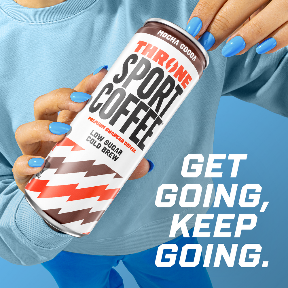 A person with blue nail polish holds a can of Mocha Cocoa—a Throne Sport Coffee flavor made from premium arabic coffee—against a vibrant blue background. Text reads: GET GOING, KEEP GOING.