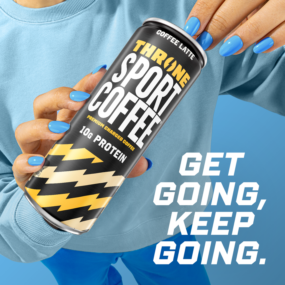 A person with blue nail polish holds a Coffee Latte can from Throne SPORT. The can features the words COFFEE LATTE and 10g Protein, emphasizing its protein coffee benefits. Bold text on the right reads, GET GOING, KEEP GOING, set against a blue-toned background.