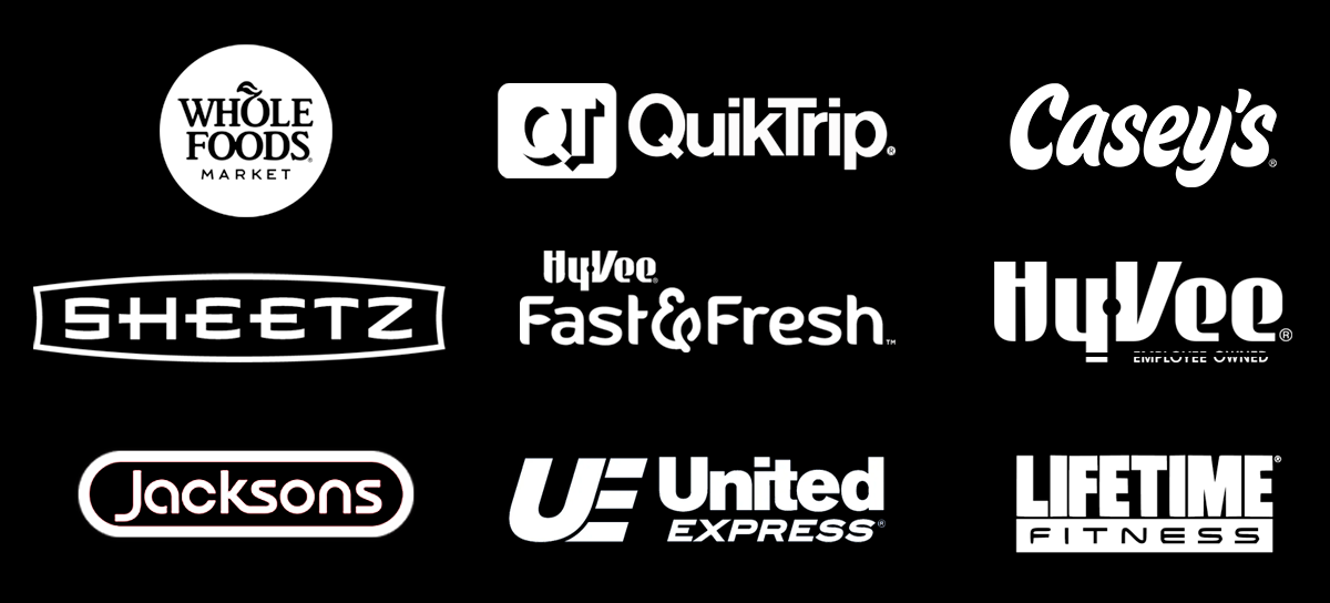 Logos of various stores where Throne Sport Coffee is sold. Store logos include Whole Foods, QuikTrip, Casey's, Sheetz, HyVee, Jacksons, United Express, and Lifetime Fitness on a black background.